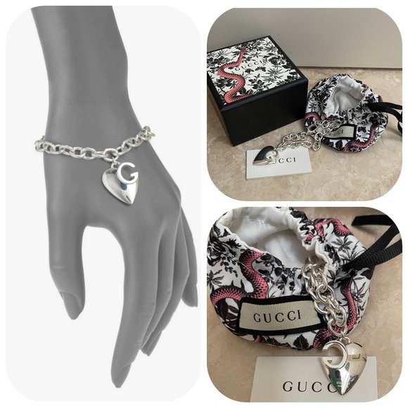 NWT Auc Gucci Charlotte Heart Charm G Silver Bracelet - Picture 1 of 8
